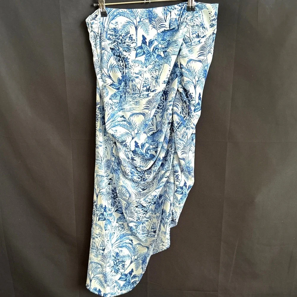 Cider Blue White Toile de Jouy Tropical Ruched Asymmetrical Midi Skirt Large